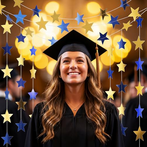 Image of Spakon 65 Feet Glitter Star Shaped Paper Garland Banner Hanging Decoration Star Streamer Double Side 2026 Graduation Decorations for Wedding Birthday New Year Party Decoration (Gold and Blue)