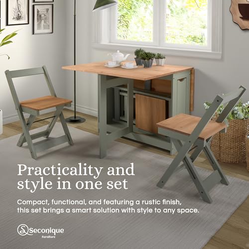 Image of SECONIQUE Santos Butterfly Folding Dining Table Set with 4 Chairs - Space-Saving Table with Nesting Chairs and Storage Shelf - Green & Distressed Pine Finish
