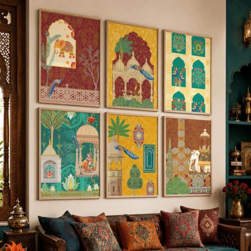 Image of KOTART Traditional Indian Wall Art Madhubani Paintings for Living Room | Framed Wall Painting for Home Room Bedroom Office Wall Decor | Pichwai Art Painting for Wall Decoration | Wall Poster With frames | Wall Paintings For Home Decoration | Indian Wall Art Home Decor Frames | set of 6 (D, 13x17 inch)