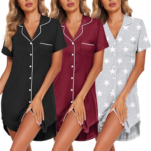 Image of Ekouaer 3 Pack Women's Nightgown Button Down Sleepshirts Short Sleeve Nightshirts for Women Sleepwear V Neck Sleep Dress