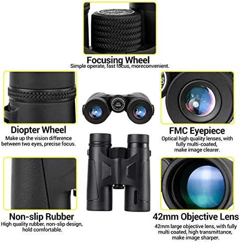 10X42 Binoculars for Adult, with BAK4 Prism FMC Lens, HD Professional Compact Lightweight Binoculars for Bird Watching Travel Stargazing Hunting Camping Concerts Sports