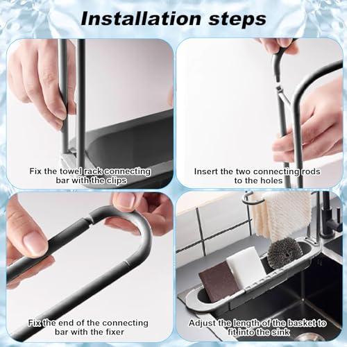 Organizador telescópico para fregadero con 3 esponjas, estante extensible para cocina con colgador de toallas (gris) miniatura 7