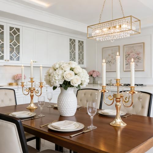Image of Metal 3 Arm Candelabra with Crystal Pendants - 11.8 Inch Tall Candle Holders, Set of 2 - Elegant Taper Candlestick Stand for Wedding, Dining Table, Christmas Party Home Decoration (2, Gold)