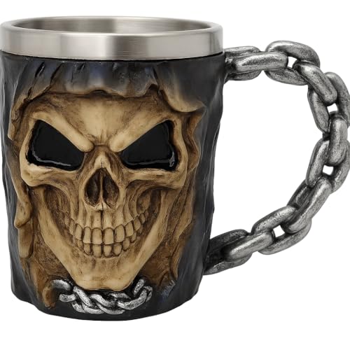 Image of JRose Collections Gothic Skull Tankard Mug 475ml with Stainless Steel Inner, Chain Handle Beer Mug, Resin Skull Design Cup for Coffee Ale Bar Decor Biker Gift JR5015