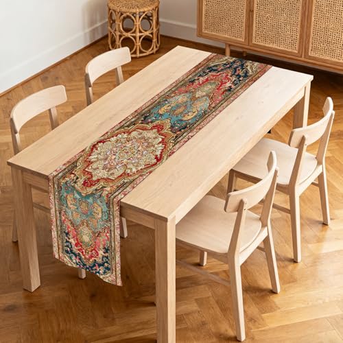 Image of Nuxovilar Ornate Persian Flax Table Runner 13x72 in | Persian Floral Table Runner for Elegant Dinners, Artistic Gatherings, Luxury Decor