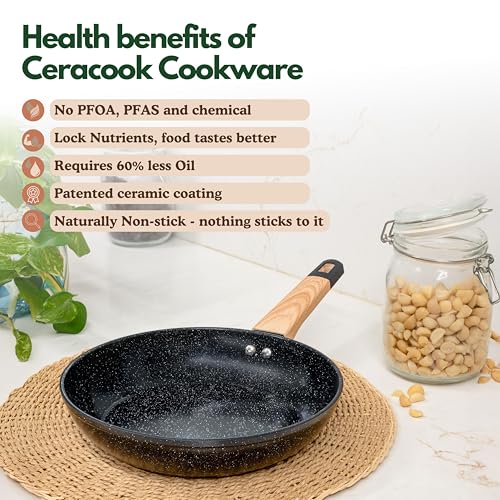 Image of Kreme Ceracook Ceramic Coated Granite Fry Pan 1.8L /24cm with Glass Lid, ISI Certified Frying Pan, Forged Aluminium, Gas & Induction Use, Non Toxic, PFAS & PTFE Free, 1 Year Warranty, Black
