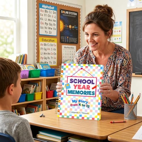 Álbum de recuerdos escolares Fancy Land para prekínder a 12° grado, álbum de fotos rígido con encuadernación espiral, 14 bolsillos, regalo para regresar a clases, tonos pastel miniatura 7