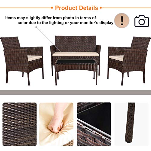 FDW Rattan Furniture Brown Wicker Chair Patio Bristo Set for Outdoor Indoor Use with Loveseats Coffee Table,Khaki Cushion, 4-Pieces