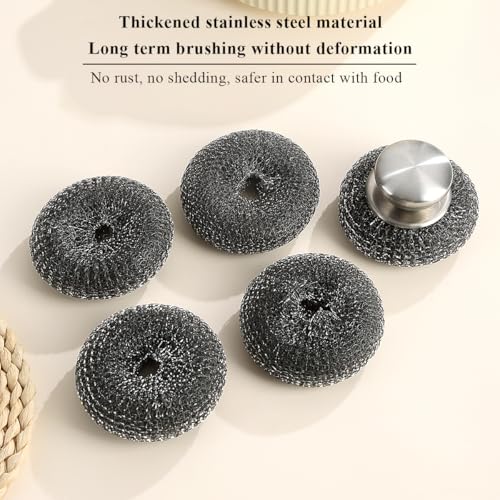 Image of Kyraton Stainless Steel Scourers with Handle to Protect Your Hand Set of 5, Big Metal Wire Wool 4 x 4in Confortable to Hold and Durable and Strong