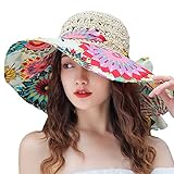 Womens Flower Straw Sun Hat Floppy Wide Brim Beach Bucket Hat Foldable Roll Up UPF50+ Summer Travel Cap Bowknot Boho Style Beige