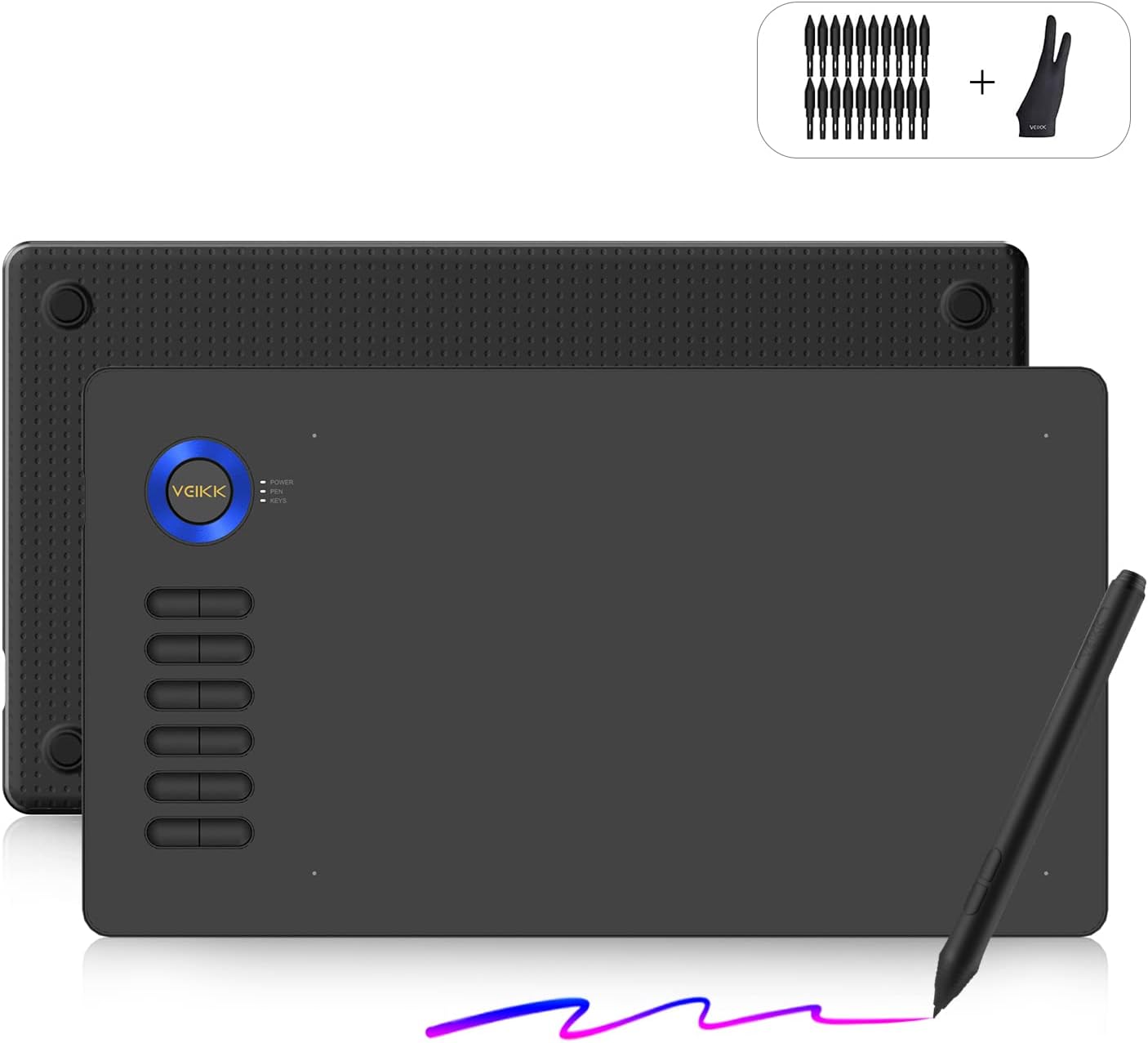 A15 10x6 inch Digital Graphics Drawing Tablet Drawing Pen Tablet with Battery-Free Passive Stylus and 12 Shortcut Keys，20 Nibs and 1 Artist Glove (8192 Levels Pressure) (Blue)