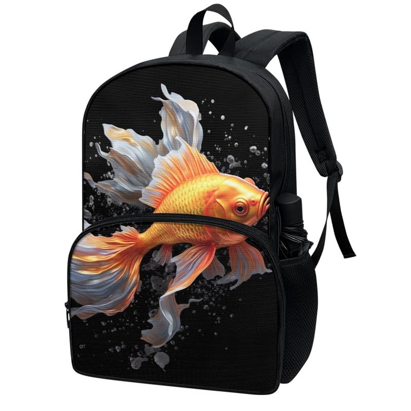 Vivid Goldfish School Backpack for Teens, Fish Lover Kids Bookbag Waterproof Bottle Holder Casual Camping Daypack, Golden Fish Teens Large Capacity Durable Rucksack2