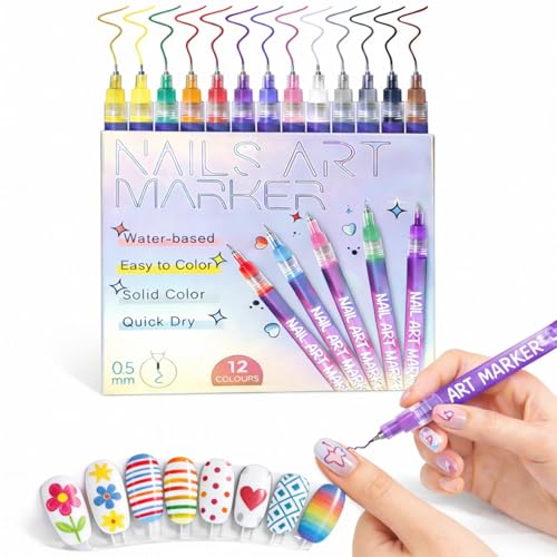 12 Colors Nail Art Pens Set, 0.5mm Fine Tip Nail Polish Markers, Quick Dry Waterproof Acrylic Paint Pens for Gel Design Abstract Lines Doodle, Mistake-Proof DIY Manicure Kit Beginners Teens Women