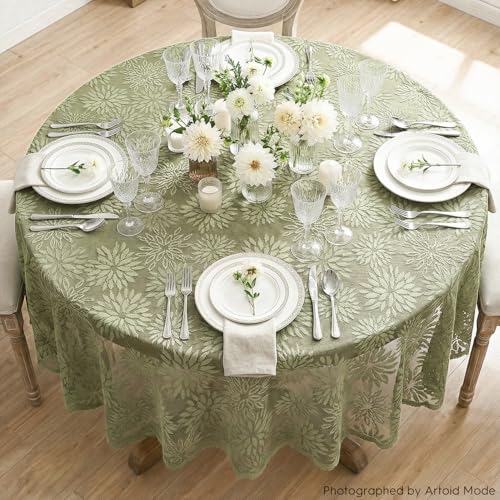 Artoid Mode Spitze Jacquard Blumen Grün Dahlien Frühling Tischdecke Rund 150 cm, Saisonnal Sommer Tischwäsche Küche Dekoration Party Dekor