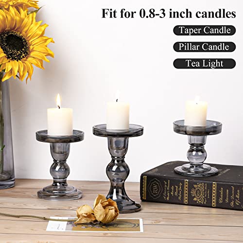 Lewondr Glass Candle Holders, 3 Pieces Crystal Clear Candlesticks With Elegant Design For Pillar Taper Candle And Tea Light, Home Table Living Room Wedding Party Decorations Home Décor, Gray Black #TOP2