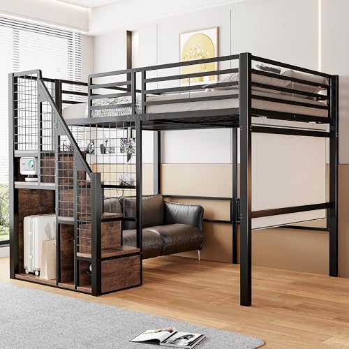 Dolamaní Letto a soppalco 140 x 200 cm con scala per bambini e adulti, rete da letto in metallo con sicurezza anti-caduta, grande spazio sotto il letto, nero