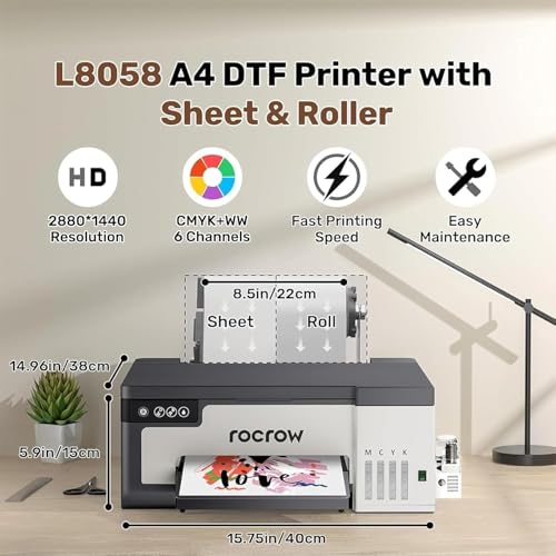 RocRow L8058 DTF Printer, A4 T-shirt Printing Machine, Direct to Film, Beginner Bundle, XP600 Printhead, DTF Transfer Printer with Laptop RocRow L8058 DTF Printer, A4 T-shirt Printing Machine, Direct to Film, Beginner Bundle, XP600 Printhead, DTF Transfer Printer with Laptop