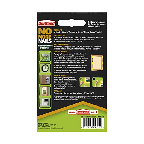Image of Unibond No More Nails,Translucent & Removable Adhesive Strips, Double Sided, For Hanging Photo Frames, Hooks, Car Number Plate, Up To 2Kg, DIY, Fast & Easy Mounting Pack Of 10, 9.5 Cm, Multicolour