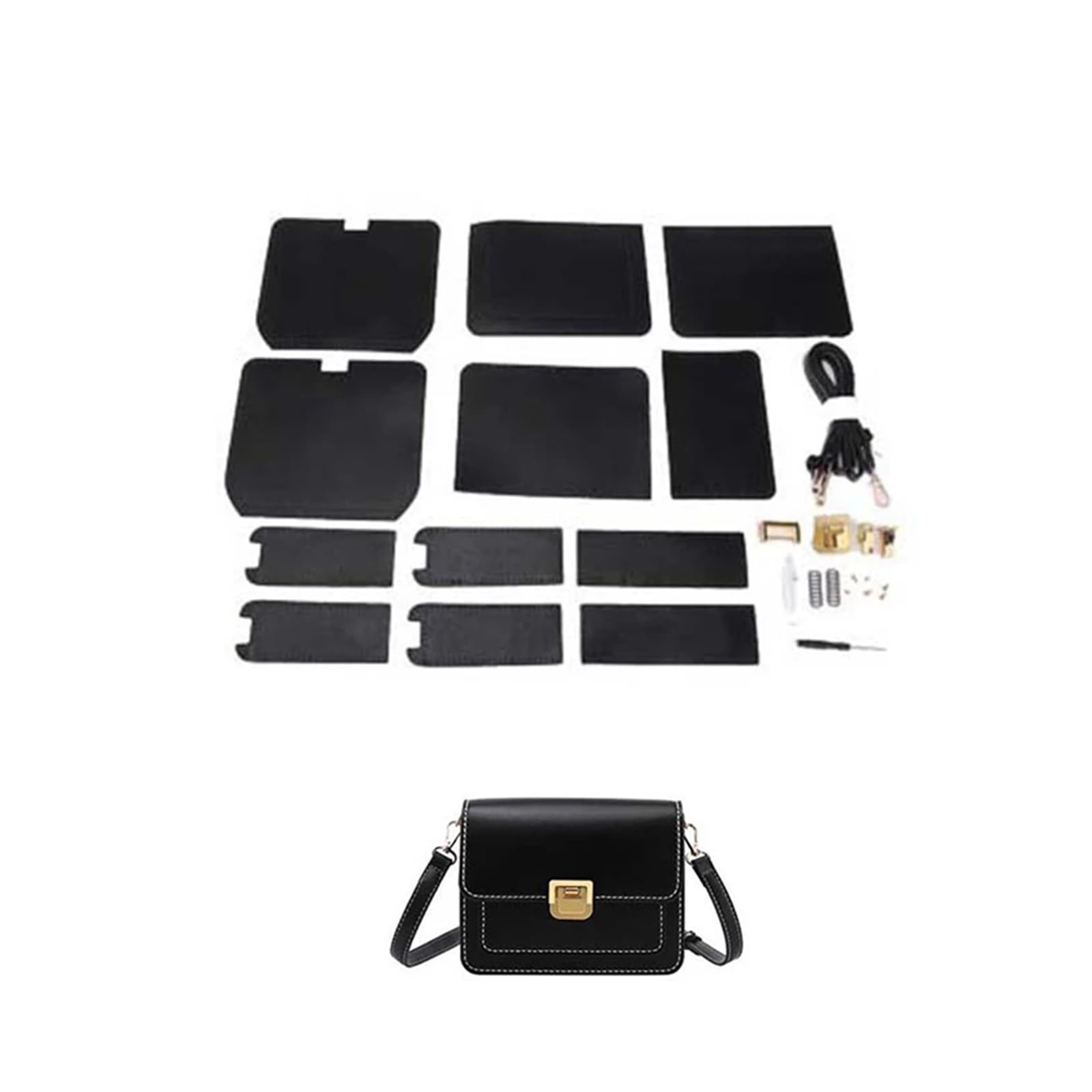 Juego de bolsos hechos a mano, costura a, artesanía cuero, kit bricolaje, fabricación, caja cuadrada, material | Num1 Black