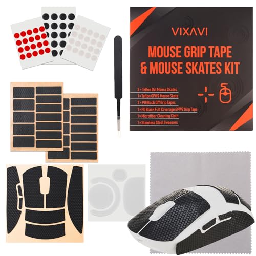 VIXAVI Mouse Grip Tape & Mouse Skates Kit — PU Anti-Slip Grips (DIY & GPW2 Full Coverage), PTFE Dot & GPW2 Skates, Microfiber Cloth, Tweezers — Faster Start, Precise Control