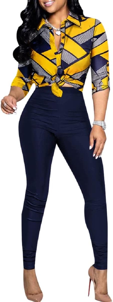 2 Piece Outfits for Women Sexy Bodycon Long Sleeve Button Down Crop Tops Long Pants Sets Floral Print Tracksuits