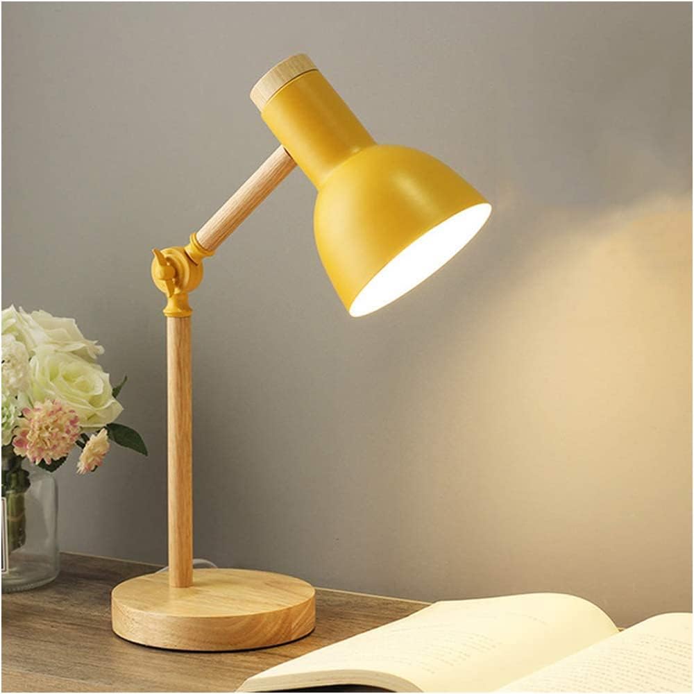 Lampe de table de chevet, lampe de bureau en bois moderne avec abat-jour en métal Lampe de chevet réglable pour bureau, salle d'étude, chambre à coucher, salon, chambre d'enfant, lecture,Jaune