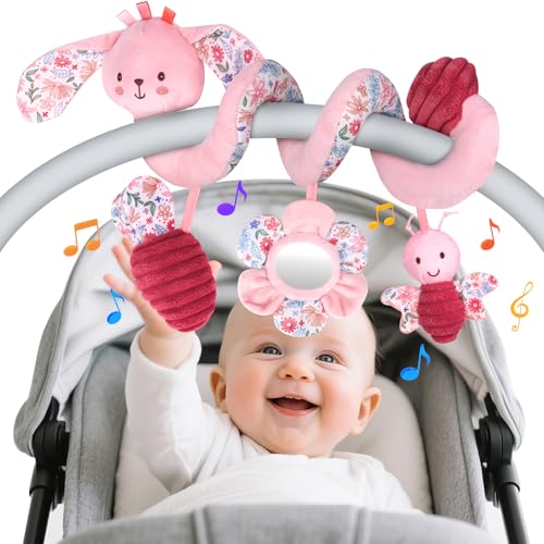 Image of Hanging Car Seat Toys, Spiral Crib & Stroller Activity Toys with Rattles for Babies 0-6 Months, Baby Car Seat Accessories Toy for Developing Sensory & Motor Skills, Gift for Newborn Infant - Rabbit