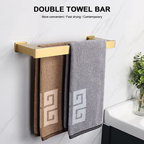 Nearmoon Double Bath Towel Bar, Bathroom Accessories-Premium Thicken Space Aluminum Square Shower Towel Rack For Bathroom/Kitchen, Towel Holder Wall Mounted (16 Inch, Brushed Gold) #TOP4