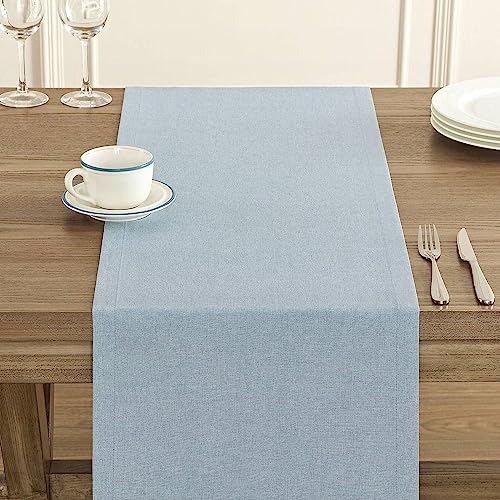 Image of ZeeMart Basic Linen Style Table Runner, 14 x 36 Inch Blue Chambray, Rustic Farmhouse Light Dusty Blue Table Runners 36 Inches Long, Everyday Polyester Table Runner - Machine Washable & Easy Care