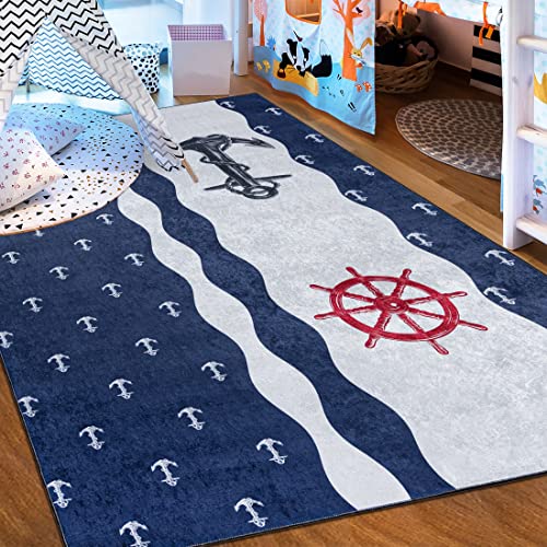 Mazovia Kinderzimmerteppich Antirutsch - Waschbar bis 30 Grad - Anker Motiv - Kurzflor Kinderteppich Teppich für Kinderzimmer - ÖKO-TEX Zertifiziert - Teppiche Junge Mädchen Blau 80 x 150 cm