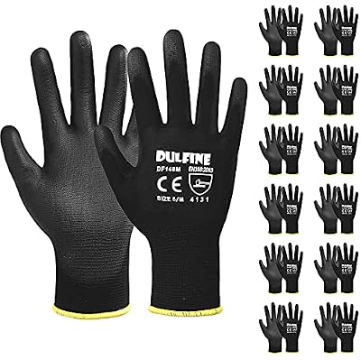 Ultra-Thin PU Coated Work Gloves-12 Pairs,Excellent Grip,Nylon Shell Black Polyurethane Coated Safety Work Gloves, Knit Wrist Cuff,Ideal for Light Duty Work. (Large)