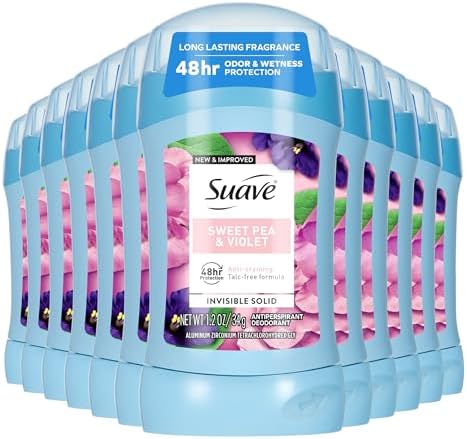 Suave Antiperspirant Deodorant For Women, Invisible, Underarm Deodorant, 48hr Odor & Wetness Protection, Sweet Pea & Violet Fragrance, Sensitive Skin Deodorant Solid Stick, 1.2 oz (12 Bulk Pack)