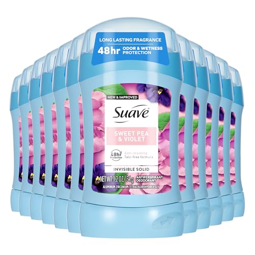 Suave Antiperspirant Deodorant For Women, Invisible, Underarm Deodorant, 48hr Odor & Wetness Protection, Sweet Pea & Violet Fragrance, Sensitive Skin Deodorant Solid Stick, 1.2 oz (12 Bulk Pack)