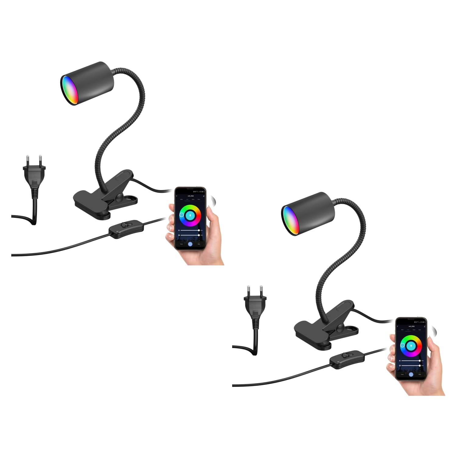 ledscom.de 2x Klemmleuchte WAIKA mit Schwanenhals und Schalter schwarz matt, inkl. Smart Home RGBW GU10 LED Lampe, 5,41W, 473lm