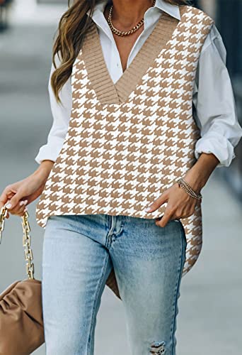Viottiset Women Oversized Houndstooth Sweater Vest Knit Sleeveless V Neck Pullover Tunic Top Khaki X-Large #TOP2