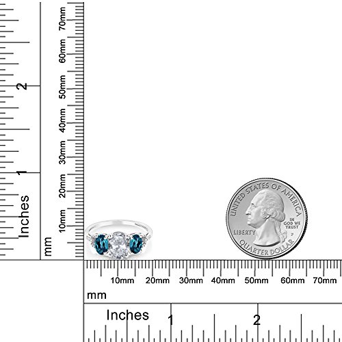 Gem Stone King 10K White Gold Oval White Topaz London Blue Topaz and Diamond Accent 3-Stone Engagement Ring | 2.35 Cttw | Gemstone Birthstone | Available In Size 5, 6, 7, 8, 93