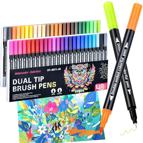 MIN CI 48 Colors Markers Dual Tip with Fine Tip and Brush Tip Pens for Adult Coloring Book Dual Brush Coloring Markers Art Supplies Marker s Kit for Calligraphy Drawing DIY Crafts