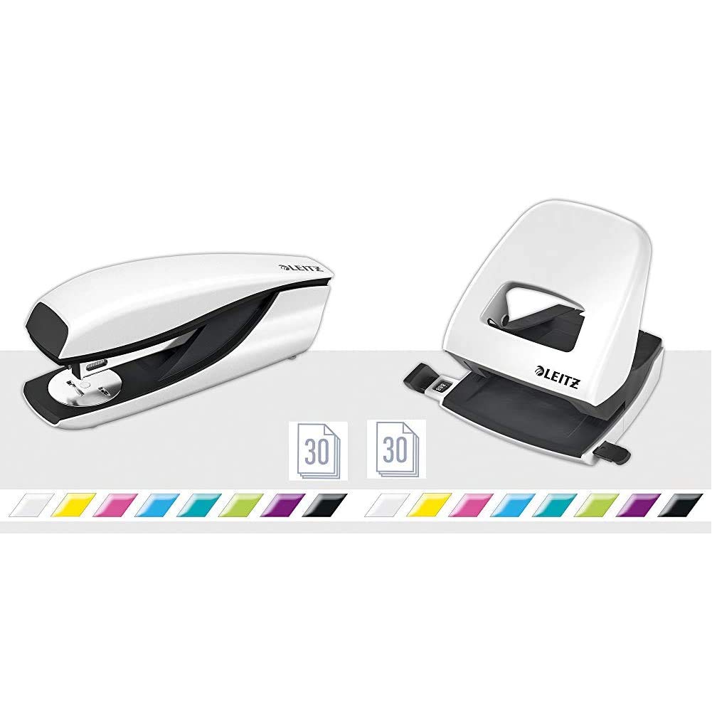 Leitz Büro Locher + Heftgerät, Für 30 Blatt, Anschlagschiene mit Formatvorgaben, Tacker mit 200 Heftklammern, Ergonomisches Design, Weiß, WOW-Serie, 50081001 + 55021001