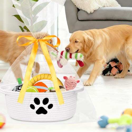Image of Small Woven Basket with Gift Bag, Cute Dog Paw Baskets for Gifts Empty, Decorative Rope Woven Nursery Storage Dog Toy Basket for Easter, Baby Shower, 12 inch x 8 inch x 5 inch