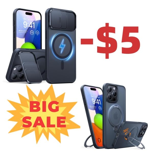 TORRAS Durable Slide Camera Cover, Kickstand & Upgraded 360° Spin Magnetic Stand, Translucent Slim BlackCase for iPhone 15 Pro