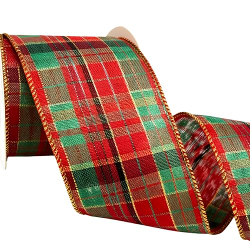 Meseey 4 Inch x 10 Yards Red Green Christmas Plaid Wired Edge Ribbon with Gold Trim, Tartan Check Ribbons for Gift Wrapping, Wreaths, Crafts,Tree Decor