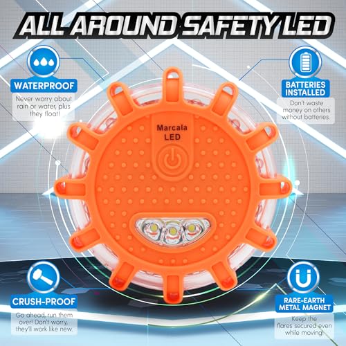 Marcala LED Road Flare 1-Pack | DOT Compliant LED Road Flares Car Emergency Kit | Emergency Flares Kit w/Batteries Installed | Roadside Safety Disc w/ 9 Flashing Modes | Get Noticed From a Mile Away