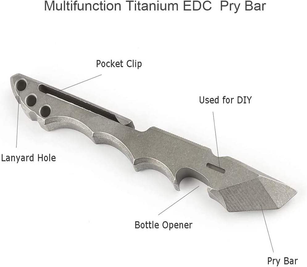 Titanium Pry Bar, Outdoor Multi-functional Pry Bar EDC Tools,Mini Pry Bar with Crowbar, Bottle Opener, Pocket Clip and Lanyard Hole/Grey