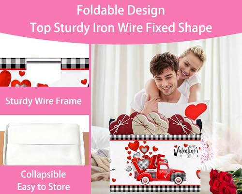 Image of Valentines Day Basket for Kids Heart Shaped Empty Storage Bins for Gifts with Handles Room Decor (Black Checkered Red Truck)