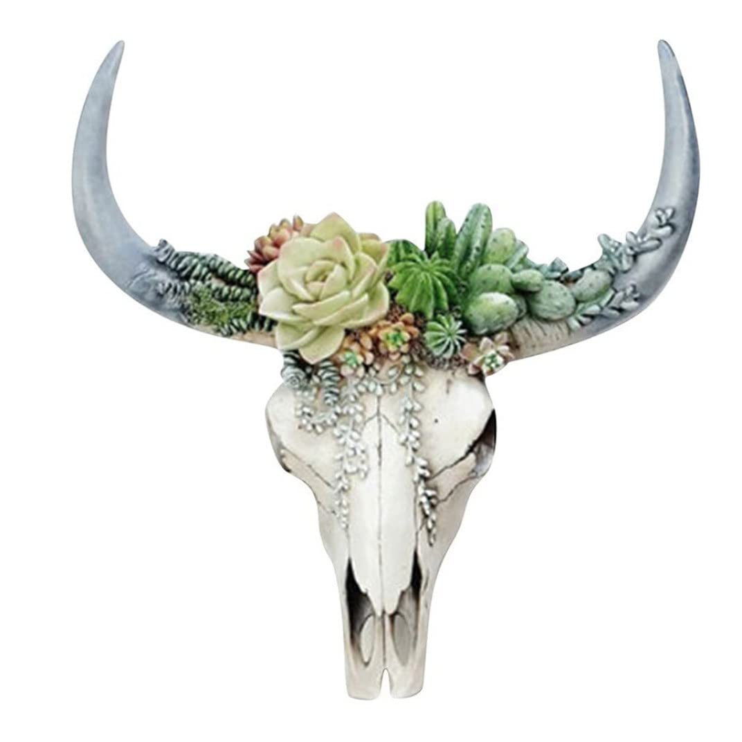 Wall Decor, Cow Skull Wall Sculptures, Resin Longhorn Cow Skull Hanging Decor with Artificial Plants Flowers, Animal Wildlife Figurines, Wall Art Crafts Ornament for Home Office (Plants,Size