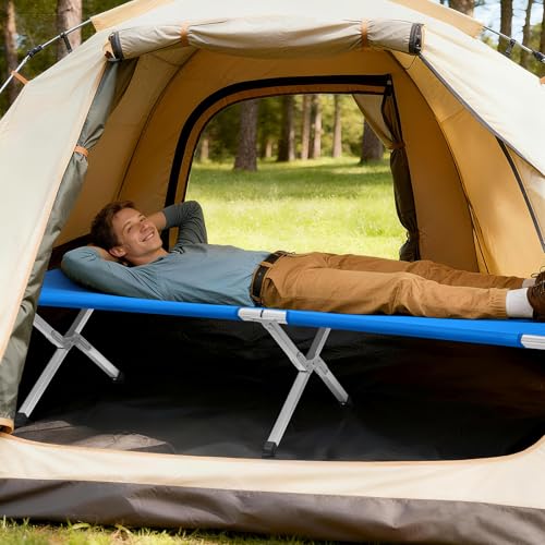 Image of Portable Folding Camping Cot,Lightweight Camping Cots for Adults,Folding Tent Camp Cot Bed,Indoor Outdoor Travel Sleeping Cots,with Carrying Bag,for Patio Hiking Picnic Beach Fishing (Army Blue)
