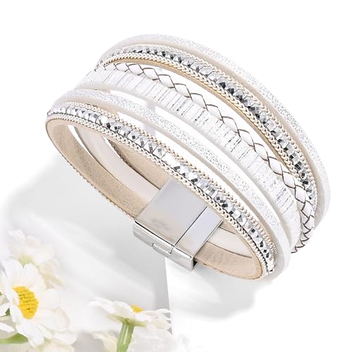 VIBILIA Handmade Boho Leather Wrap Bracelets for Women - Trendy Multi-Layered Jewelry with Durable Clasp - Chic White Design - Image 5