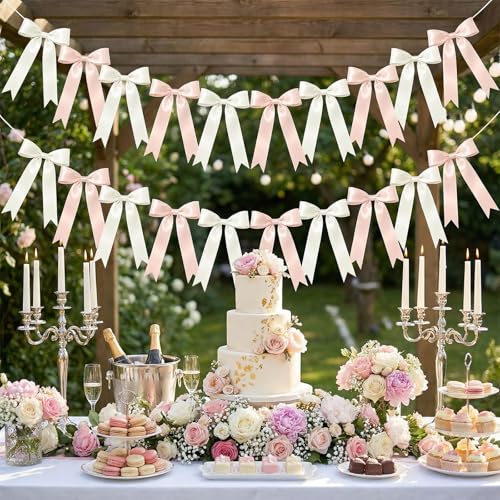 Image of NatNarr 2 Pcs White and Pink Bow Garland, Satin Ribbon Valentines Day Decorations Pre-Strung Bow Garland Party Banner for Wedding Birthday Baby Bridal Shower