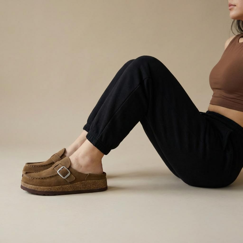 CUSHIONAIRE Hobby Genuine Leather Suede Mule Clogs for Women with Buckle Strap and Cork Footbed, Supportive All-Day Comfort in Womens Shoes - Image 6