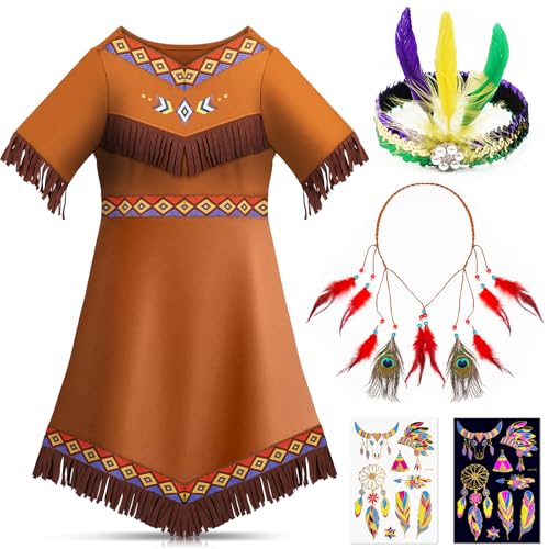 Lozzzyo Kostüm Kinder Mädchen mit Juwelenbesetzten Stirnbändern, Pfauenfeder-Stirnbändern und Aufklebern für Karneval...